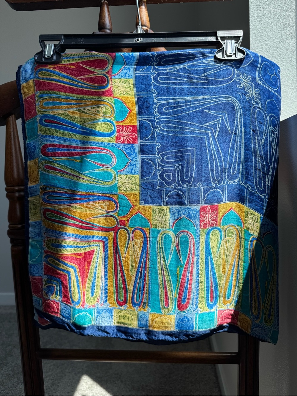 Vintage 100% Silk Abstract Mosaic Scarf Blue Multicolor 32”